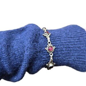 VTG Sterling Silver Rhodolite Garnet Cabochon Link Bracelet Hamsa Boho Spiritual